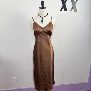 Vintage Y2K Brown Satin Slip Dress Bias Cut Minimal Indie Midi S